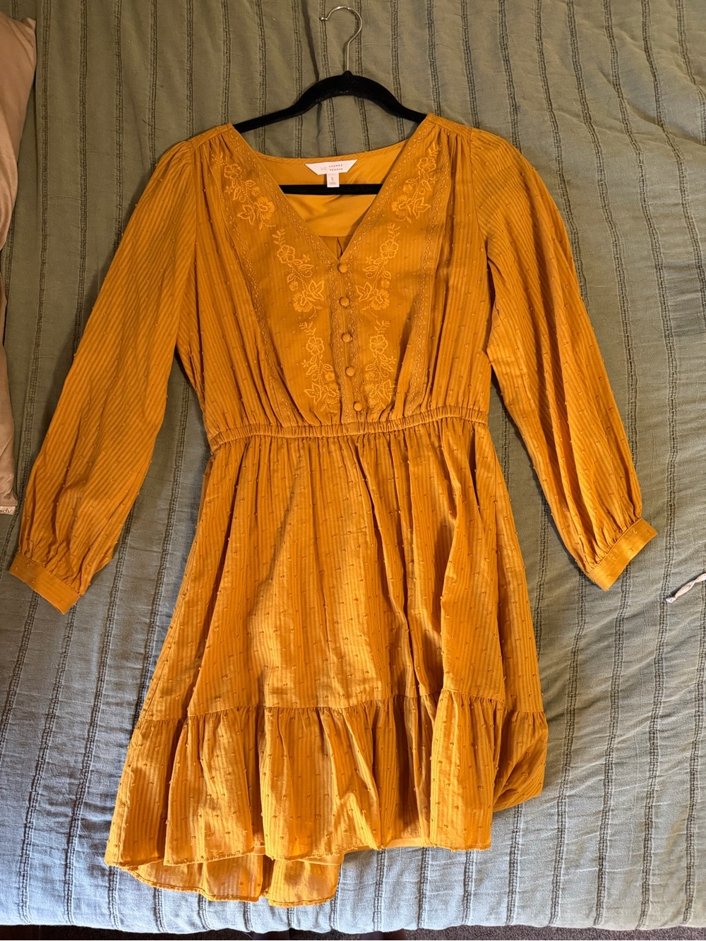 LC Lauren Conrad Mustard Embroidered V-Neck Dress